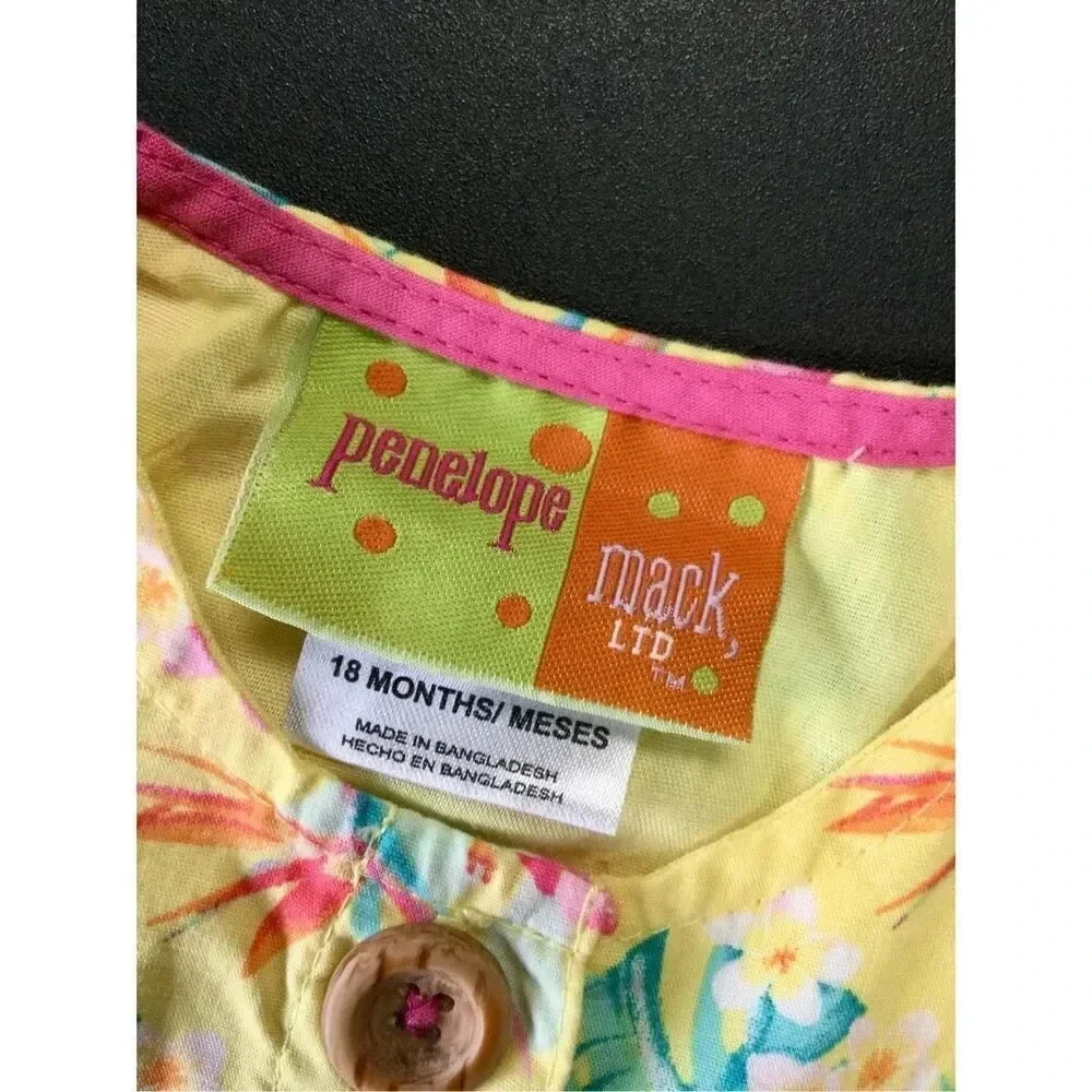 Penelope Mack Baby Yellow Pink Floral Sleeveless Hawaiian Shirt Dress Size 18M w